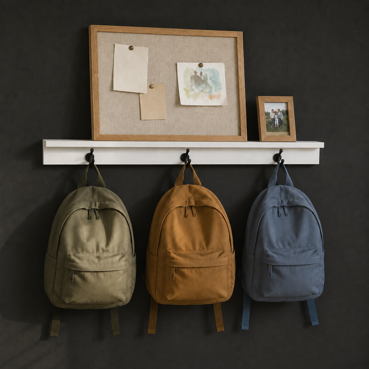 Backpack rack made with a 1x3 hook rail and a second 1x3 top ledge